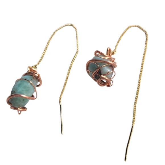 18K Gold Plated Brass Larimar Threader Wire-Wrapped Earrings - Picture 3 of 3